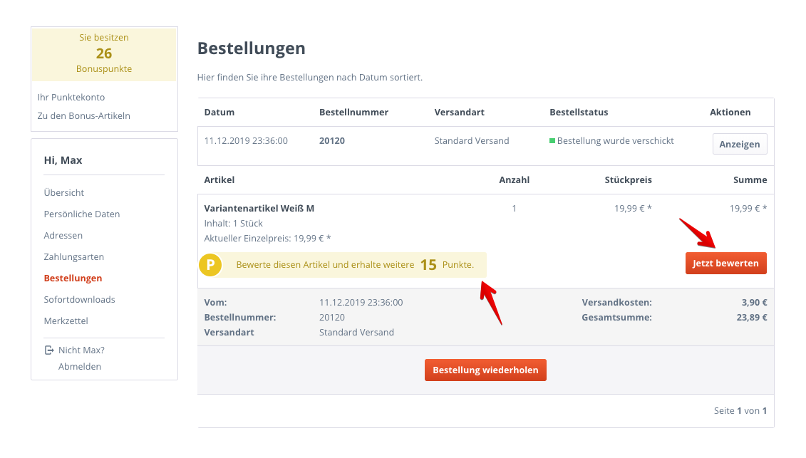 Belohnungspunkte - Bonussystem-Erweiterung