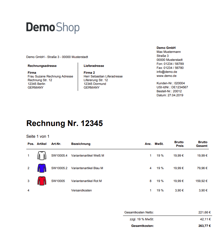 Artikelbilder auf Rechnungen und Dokumente