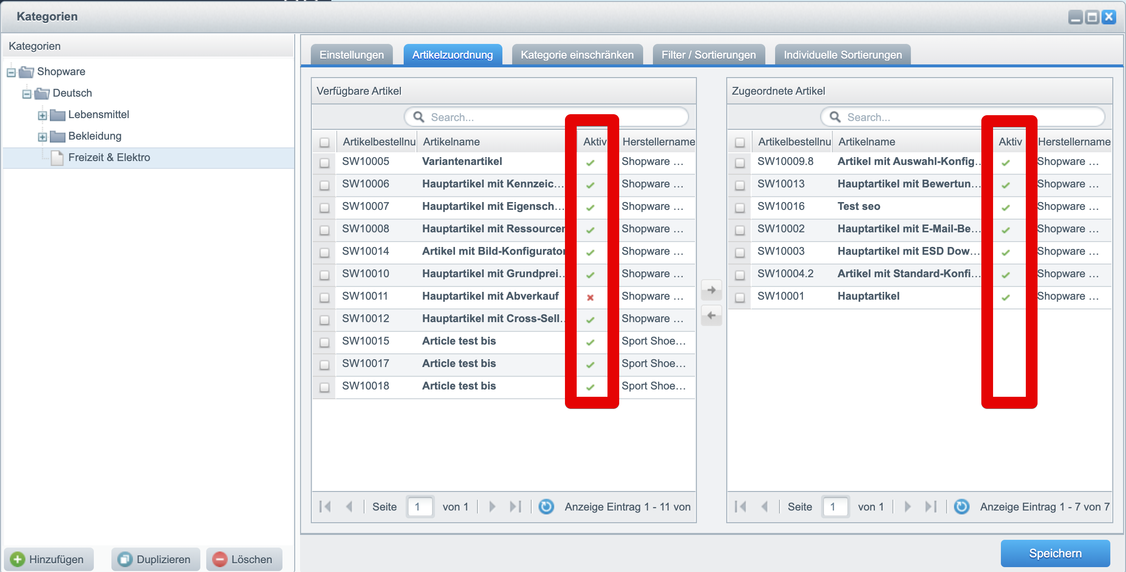 Aktiv-Spalte in Kategorien / Artikelzuordnung