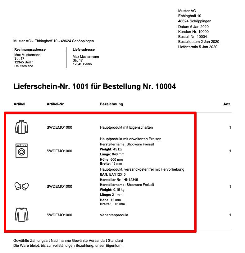 Artikelbilder auf Rechnungen, und Dokumente  für shopware 6