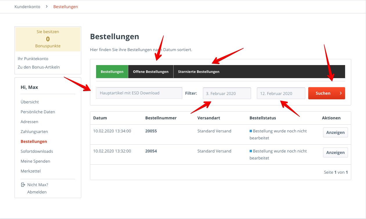 Bestellungen im Kundenkonto filtern