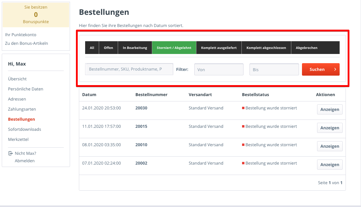 Bestellungen im Kundenkonto filtern