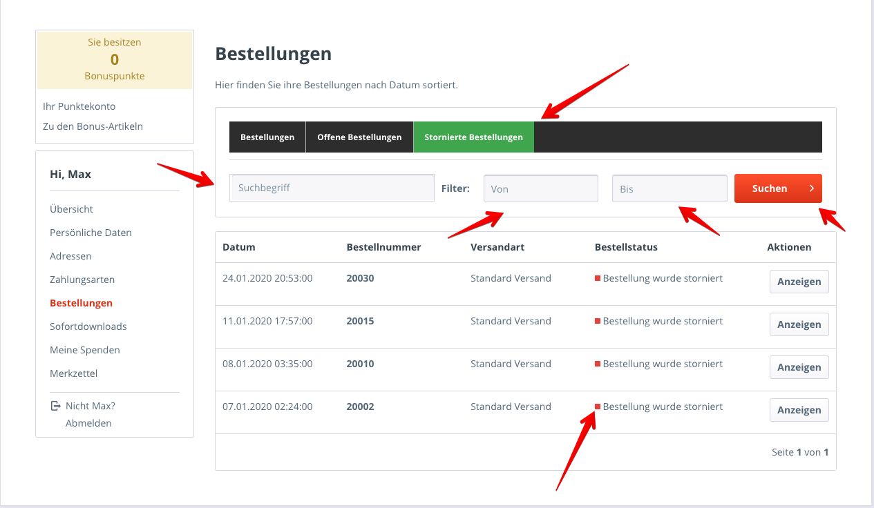 Bestellungen im Kundenkonto filtern