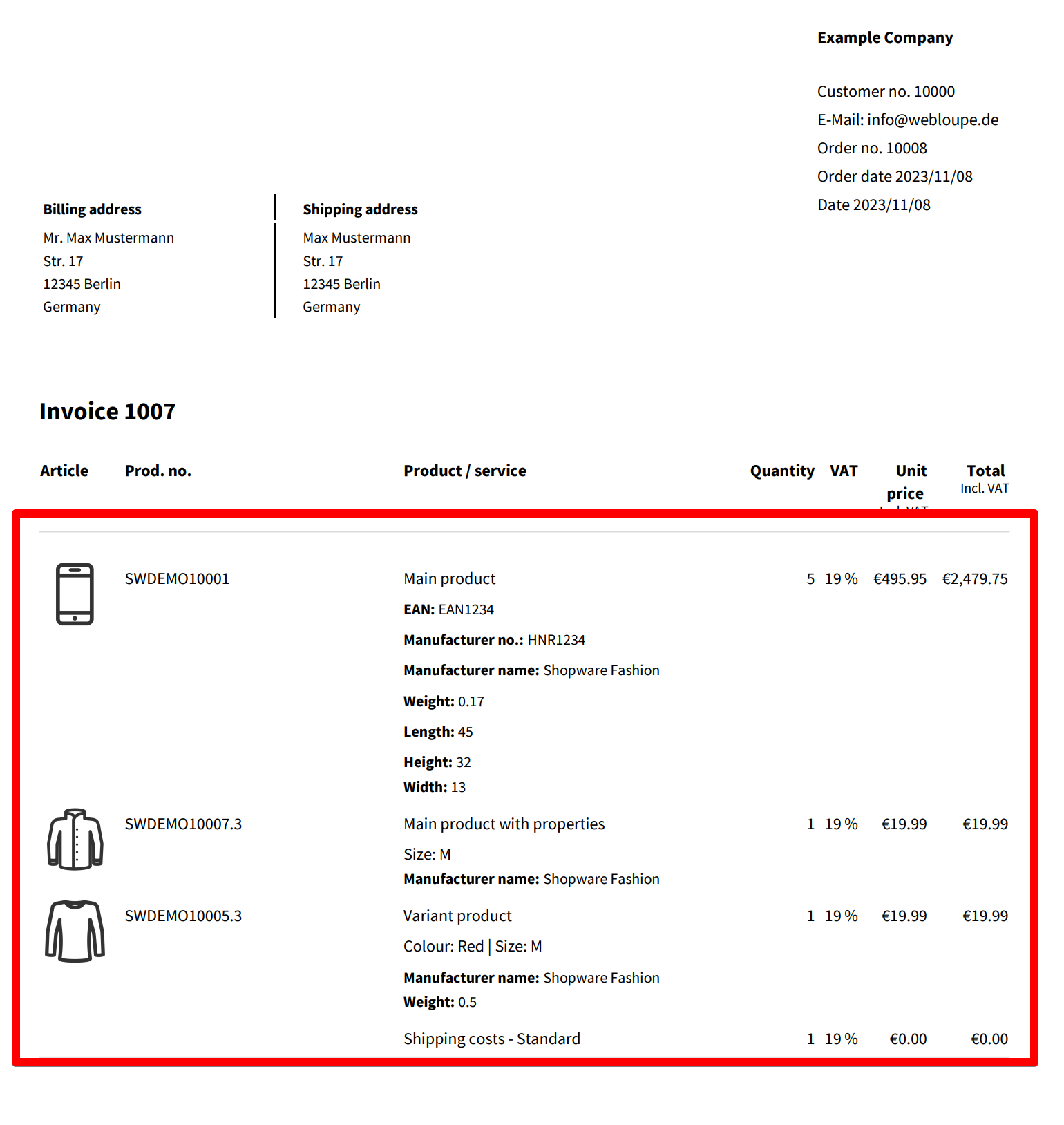 Artikelbilder auf Rechnungen, und Dokumente  für shopware 6