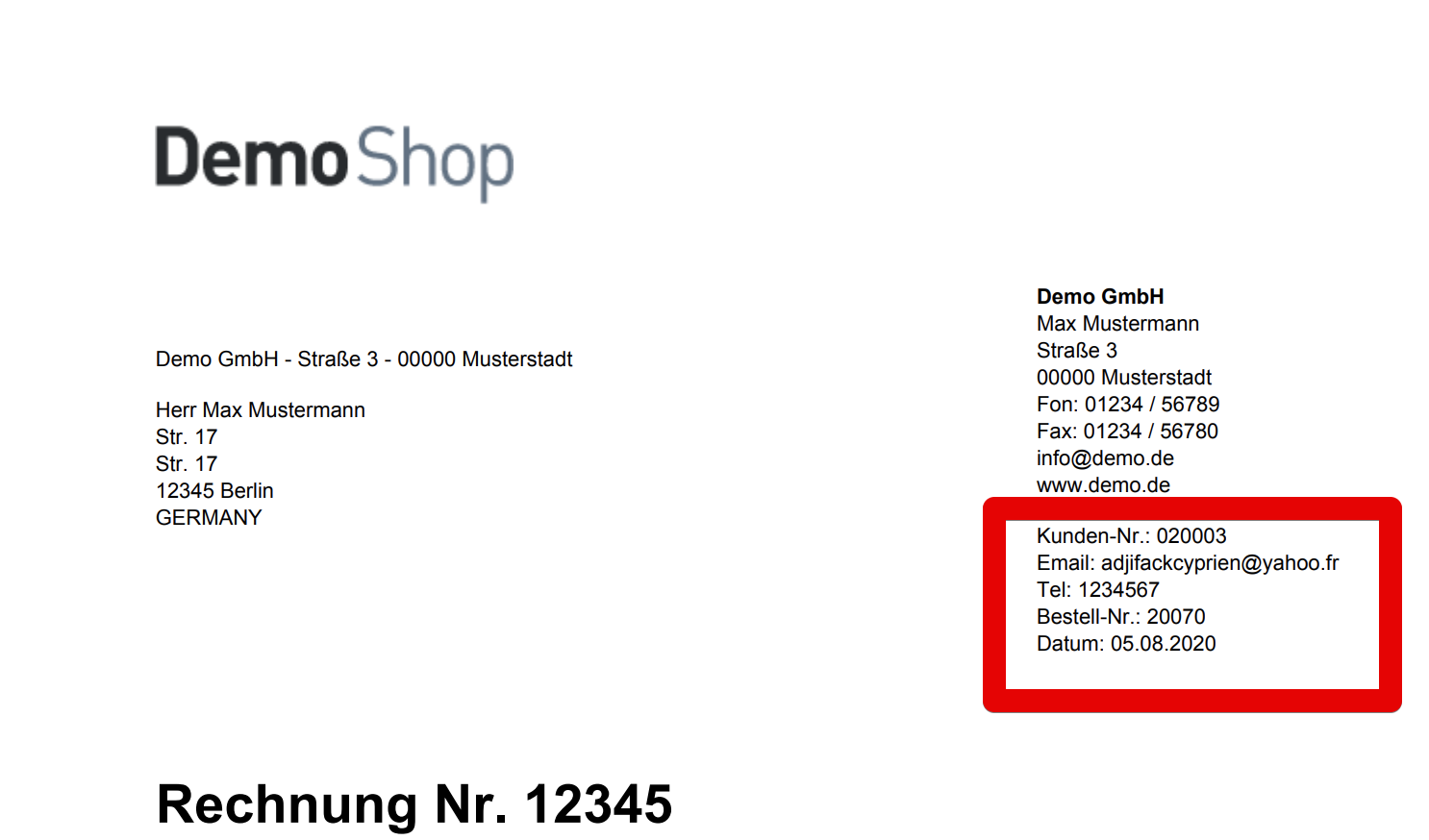Telefonnummer auf Rechnungen und Lieferscheine